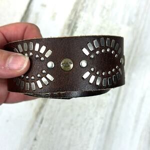 Hollister Women’s M Brown Leather Wide Boho Belt Silver Buckle Retro Aztec